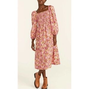 J. CREW | $138 Smocked Puff-Sleeve Midi Dress in Pink Faded Floral, Size Small